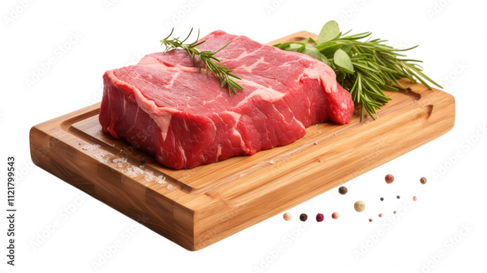 Premium Raw Beef Steak on Bamboo Cutting Board with Herbs Premium Raw Beef Steak on Bamboo Cutting Board with Herbs