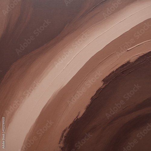 Close up of a brown, mocha, and beige acrylic painting with dynamic brush strokes on a canvas. Abstract painting with textured surface background for interior, print, banner. Color of year 2025. 