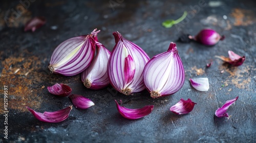 Freshly sliced purple onions arranged on a dark countertop showcasing vibrant color and texture with scattered onion petals. photo