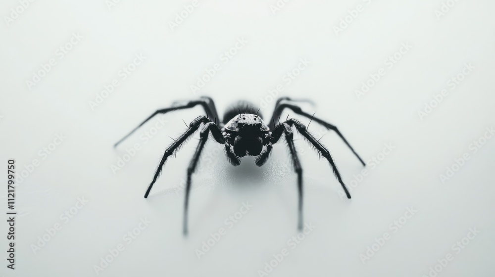 Black spider on a minimalist white background showcasing intricate details and unique textures of its body and legs in a close-up view Black spider on a minimalist white background showcasing intricate details and unique textures of its body and legs in a close-up view