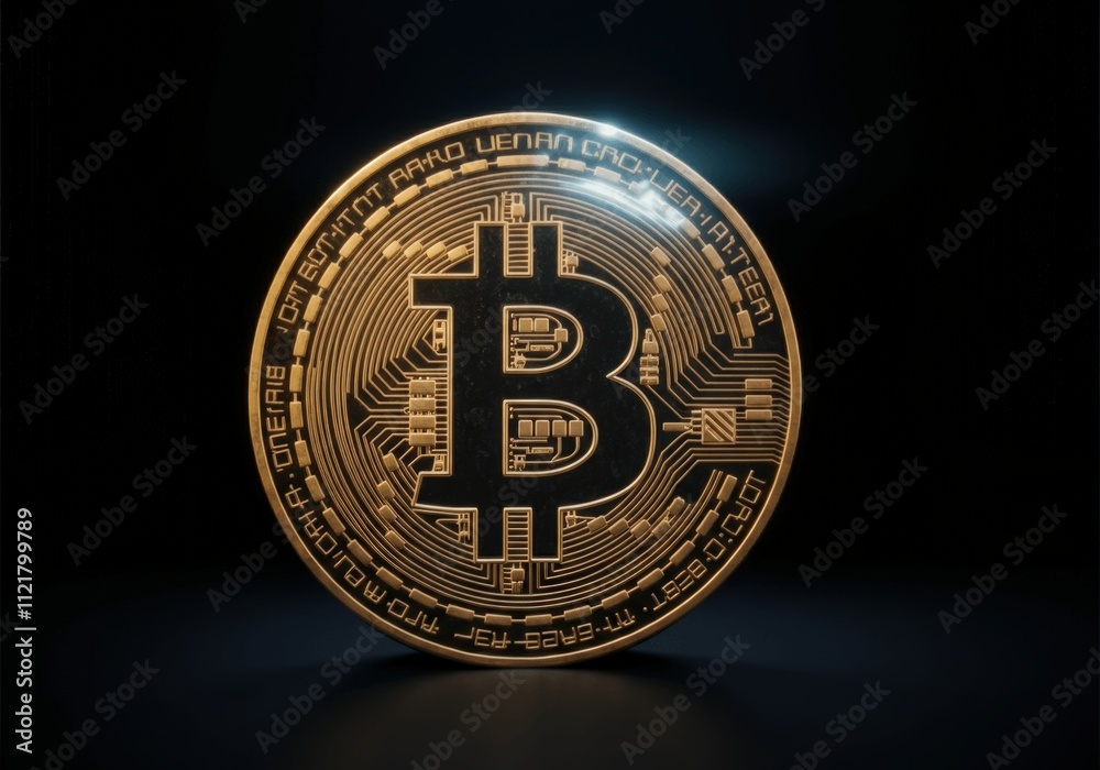 Golden Bitcoin Cryptocurrency Coin on Black Background Golden Bitcoin Cryptocurrency Coin on Black Background