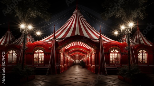 A majestic red and white striped circus tent illuminated under the night sky, creating a magical ambiance.