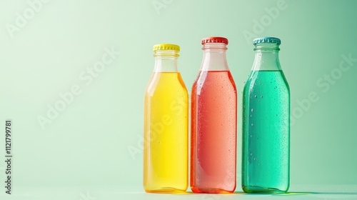 Colorful liquid filled bottles in vibrant hues against a serene light green backdrop showcasing refreshing beverage options and aesthetics. photo