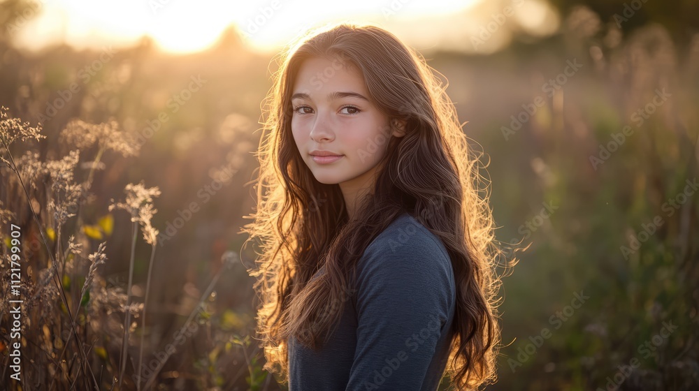 Golden hour portrait of a teenage girl in a sunlit field showcasing natural beauty and serene surroundings. Golden hour portrait of a teenage girl in a sunlit field showcasing natural beauty and serene surroundings.