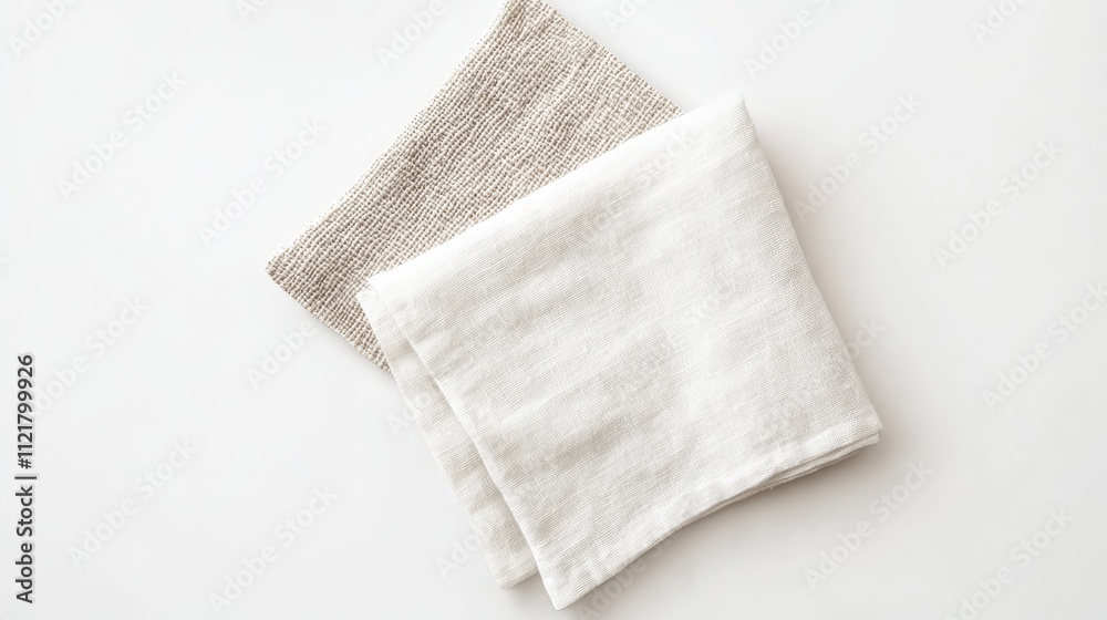 Square kitchen towel and linen napkin displayed on white background showcasing texture and simplicity in kitchen accessories Square kitchen towel and linen napkin displayed on white background showcasing texture and simplicity in kitchen accessories