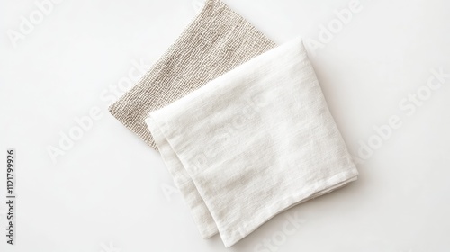 Square kitchen towel and linen napkin displayed on white background showcasing texture and simplicity in kitchen accessories