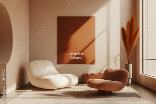  Poster design. Abstract interior presentation of mocha muted terracote palette with neutral colors and the text 