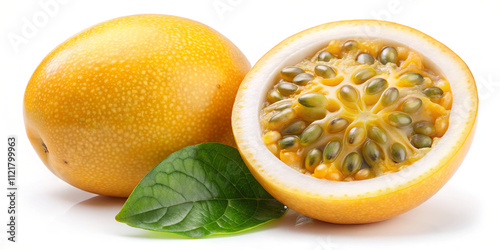 Whole and halved yellow passion fruit are arranged with soft texture and numerous seeds visible inside. A green leaf complements the fruit on a bright white background photo