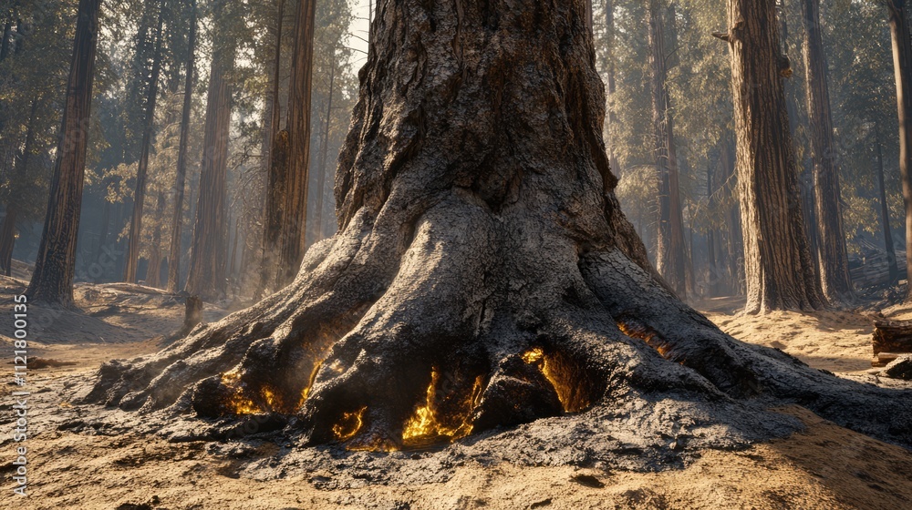 Obraz premium Burnt roots of a large tree in a forest showcasing the impact of fire on nature's resilience and landscape transformation