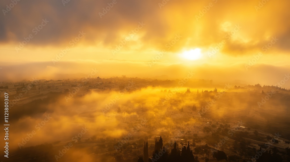 Naklejka premium Golden sunrise illuminating a hazy Jerusalem skyline surrounded by dramatic clouds and soft morning light