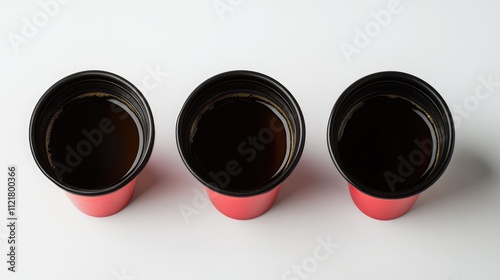 Three containers of motor oil with red funnels positioned on a clean white background for automotive and industrial themes. photo