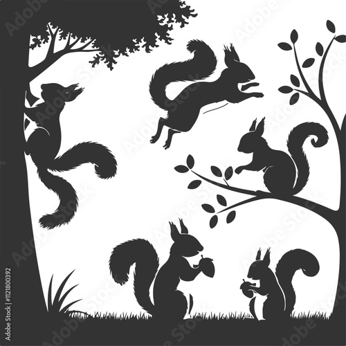 Squirrel silhouettes set in white background.