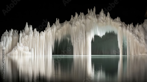 Stalactite formations reflected in still water showcasing intricate patterns in a geologically significant structure against a dark background photo