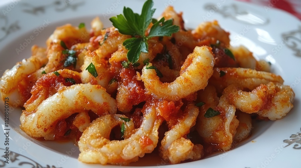 Deliciously fried squid rings served with rich tomato sauce and fresh herbs in a decorative plate Deliciously fried squid rings served with rich tomato sauce and fresh herbs in a decorative plate