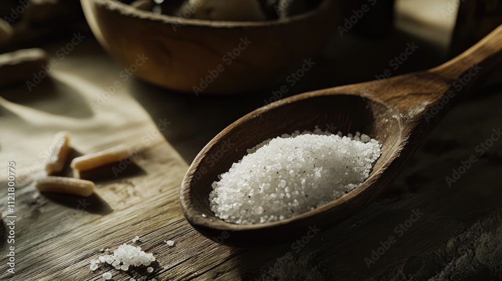 Sea salt in a rustic wooden spoon with natural background textures and soft lighting showcasing culinary ingredients and craftsmanship. Sea salt in a rustic wooden spoon with natural background textures and soft lighting showcasing culinary ingredients and craftsmanship.