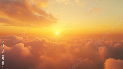 Golden hour sunset over horizon with orange and yellow clouds reflecting serene summer evening skies above the ocean. photo