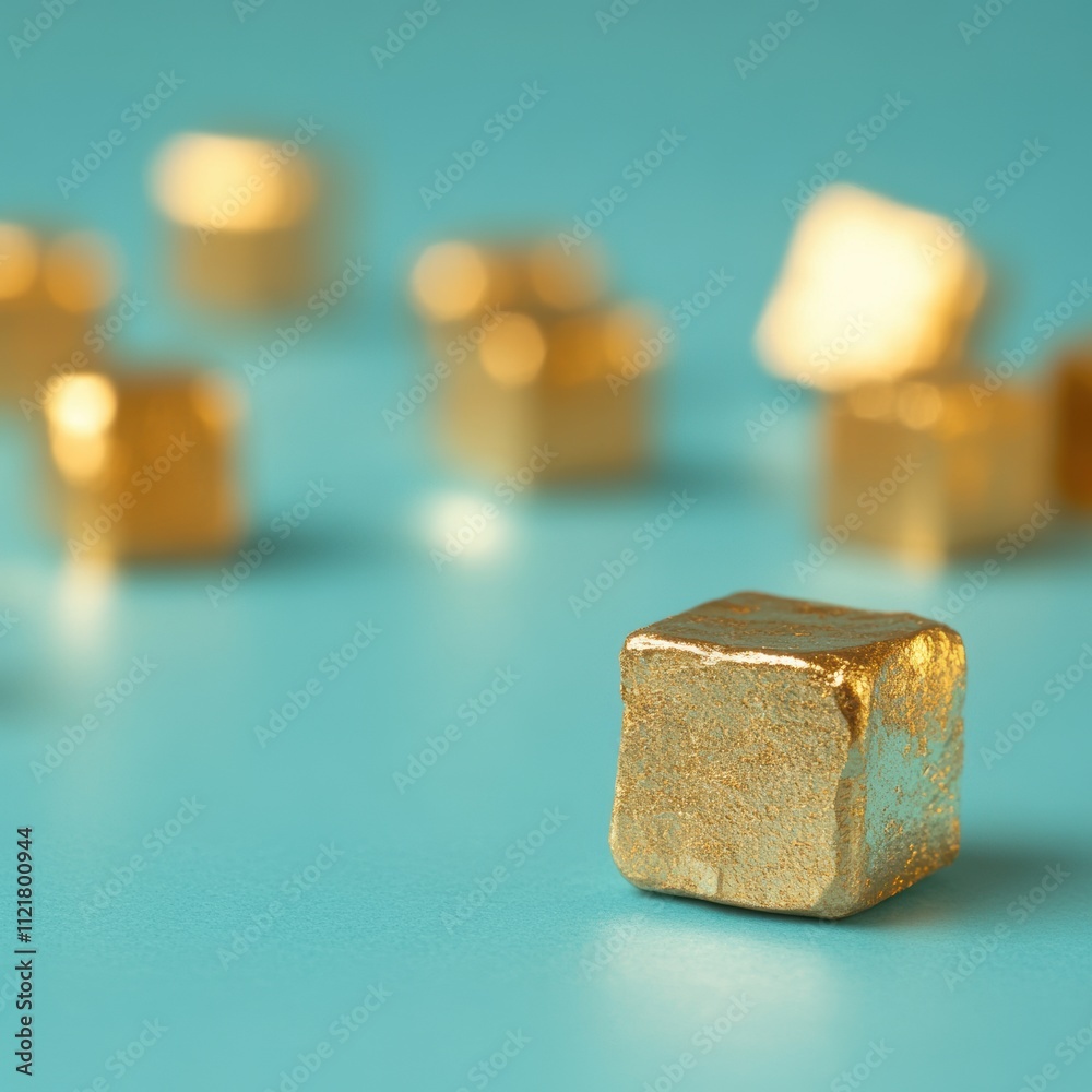Minimalist studio close-up of golden cubes on cyan Minimalist studio close-up of golden cubes on cyan