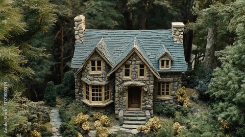 Charming stone cottage nestled in a lush forested mountain landscape surrounded by greenery and vibrant flowers photo