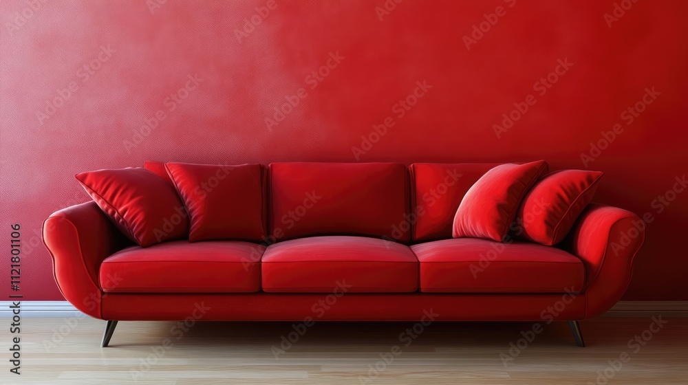 Modern red sofa in minimalist living room against bold red wall showcasing contemporary interior design aesthetic Modern red sofa in minimalist living room against bold red wall showcasing contemporary interior design aesthetic