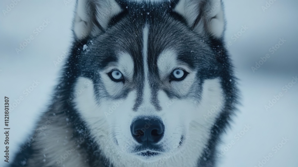 Naklejka premium Siberian Husky portrait with striking blue eyes against a soft white background showcasing its distinctive features and coat texture