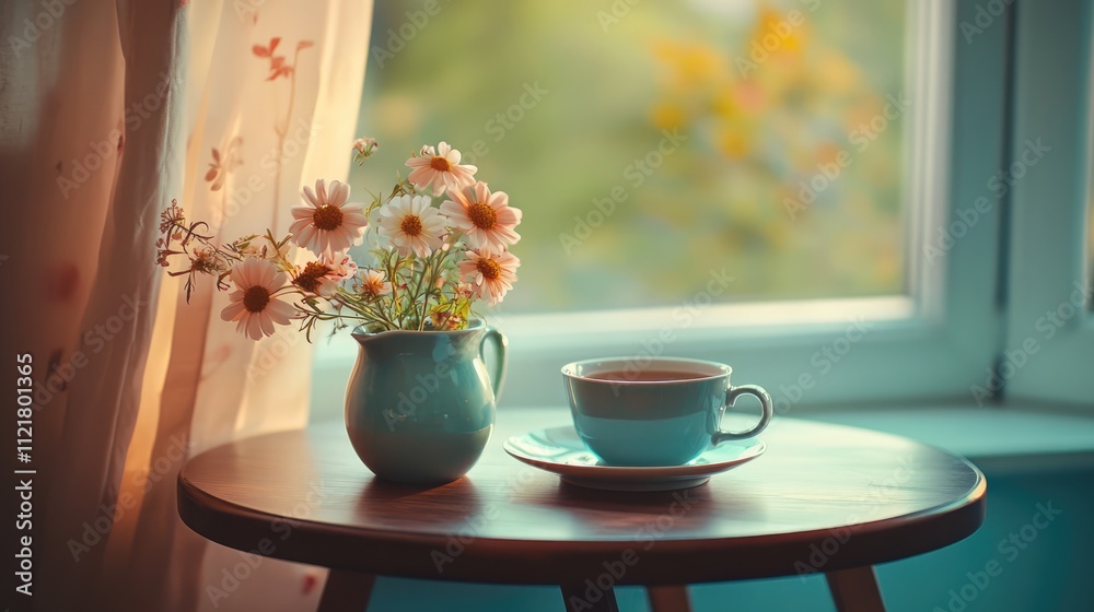 Cozy summer tea time setting with flowers in ceramic vase on a wooden table by the window illuminated by soft natural light Cozy summer tea time setting with flowers in ceramic vase on a wooden table by the window illuminated by soft natural light