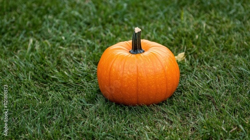 Freshly harvested Halloween pumpkin resting on lush green grass with ample copyspace for seasonal design and decoration concepts.