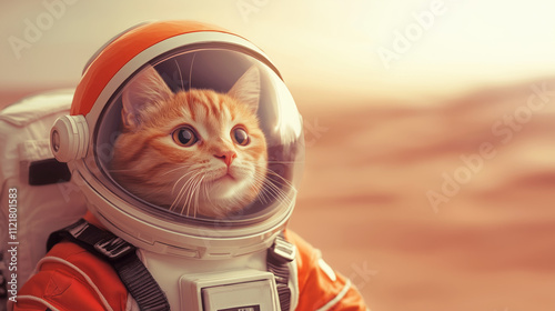 Cat in an astronaut suit gazes across Martian landscape photo