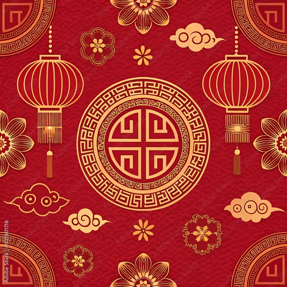 A luxurious red and gold decorative pattern featuring intricate floral motifs, lanterns, phoenixes, and traditional Chinese-inspired designs. A luxurious red and gold decorative pattern featuring intricate floral motifs, lanterns, phoenixes, and traditional Chinese-inspired designs.