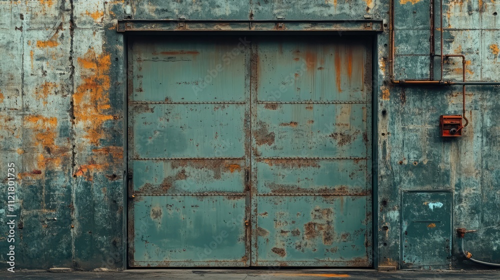 Naklejka premium Industrial storage door with weathered textures and rust, ideal for architectural backgrounds or gritty urban themes.