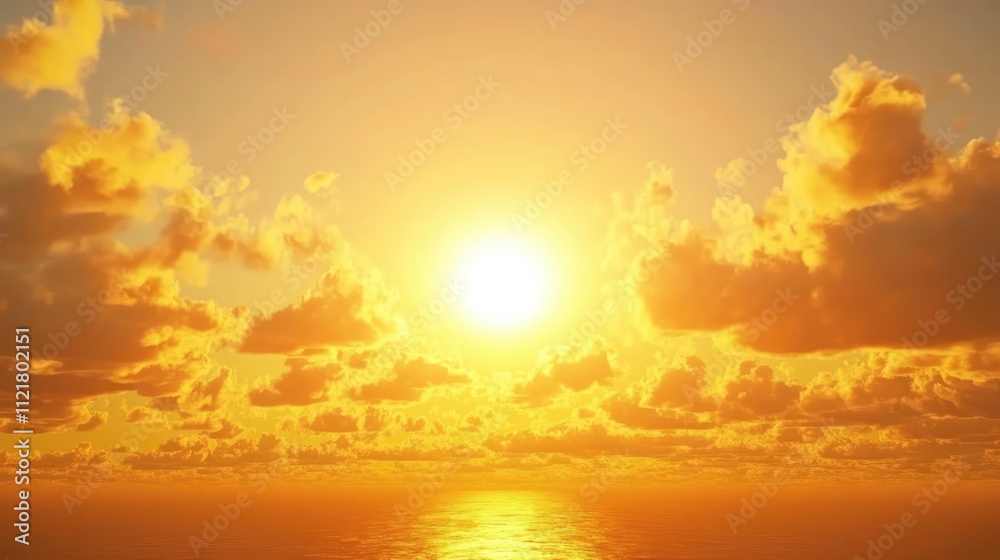 Fototapeta premium Vibrant Golden Sunrise over Calm Ocean with Dramatic Clouds Creating a Stunning Summer Horizon Nature Landscape Background