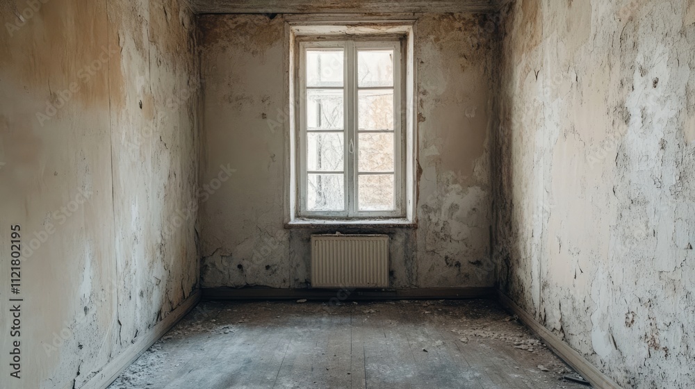 Dilapidated interior with cracked and peeling walls highlighting the need for renovation in an old house with poor quality materials Dilapidated interior with cracked and peeling walls highlighting the need for renovation in an old house with poor quality materials