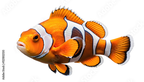 A fish with orange and white stripes swims in a tank