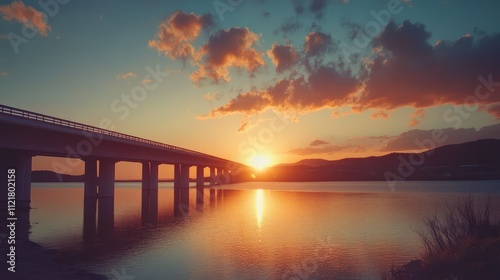 Serene Sunset Reflection Over Bridge and Water Enhancing Tranquil Evening Landscape