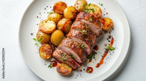 Roasted pork loin slices with golden potatoes and fresh herbs on a white plate against a light background gourmet presentation photo