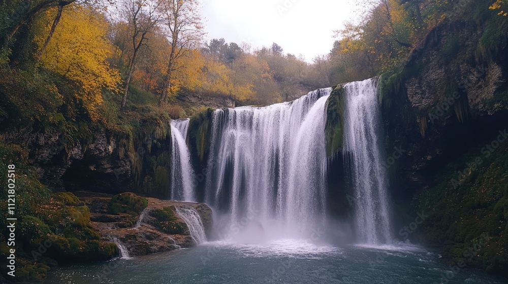 Fototapeta premium Multi-tiered waterfall in the Aragonese Pyrenees surrounded by vibrant autumn foliage reflecting tranquility and dynamic water flow