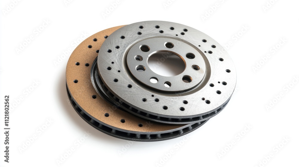 Top view of car brake pads and discs for vehicle maintenance on a clean white background