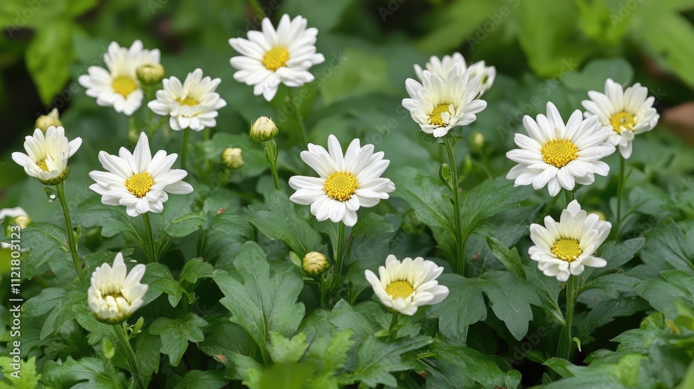 Fototapeta premium Chrysanthemum flowers in full bloom showcasing vibrant white petals and yellow centers among lush green foliage in a garden setting