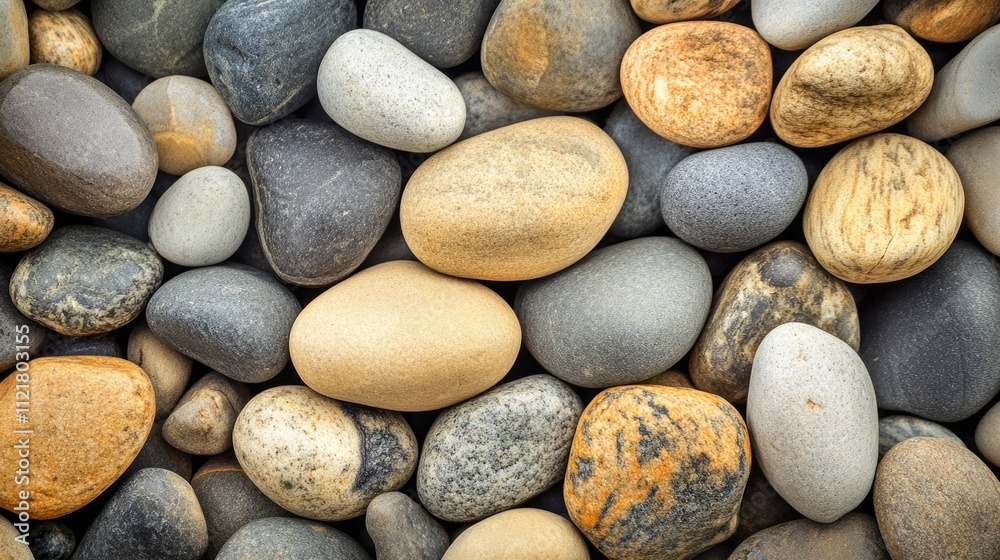 Smooth river stones in various colors and textures creating a natural background design for eco-friendly and nature-themed projects. Smooth river stones in various colors and textures creating a natural background design for eco-friendly and nature-themed projects.