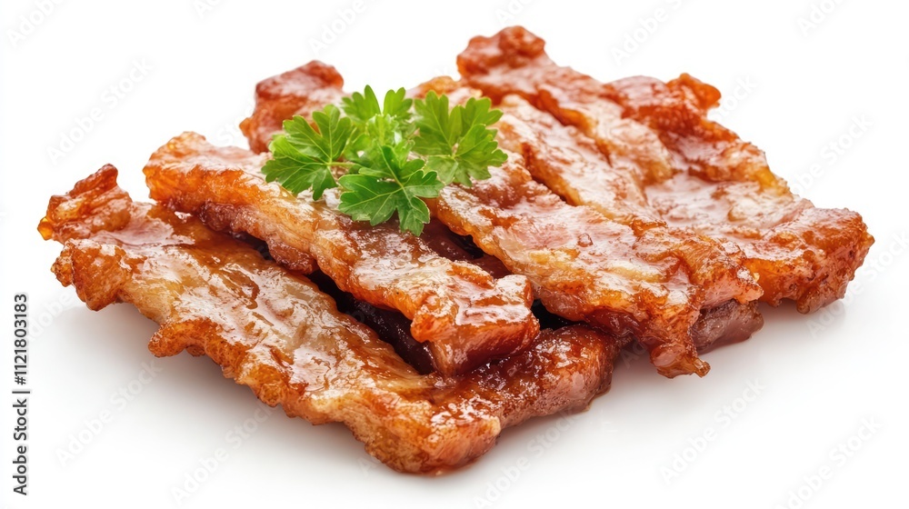 Fried crispy pork lard garnished with fresh parsley on a clean white background showcasing delicious golden pieces Fried crispy pork lard garnished with fresh parsley on a clean white background showcasing delicious golden pieces