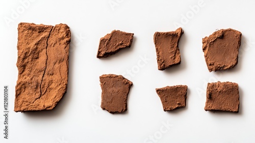 Clay brick fragments on a white background showcasing their texture and color ideal for construction and design themes photo