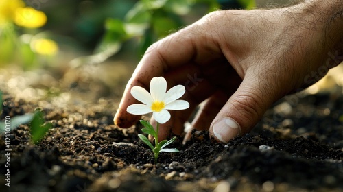 A gardener tends to a small plant, knowing that with time and care, its eventual growth into a blooming flower will be a rewarding transformation photo