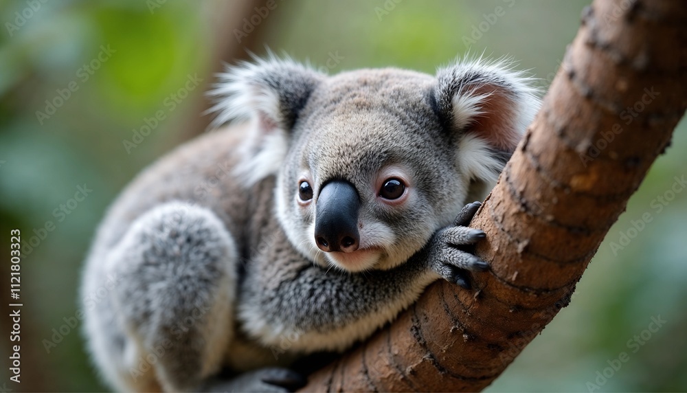 Fototapeta premium Koala perched on a tree branch with a curious expression in a natural setting