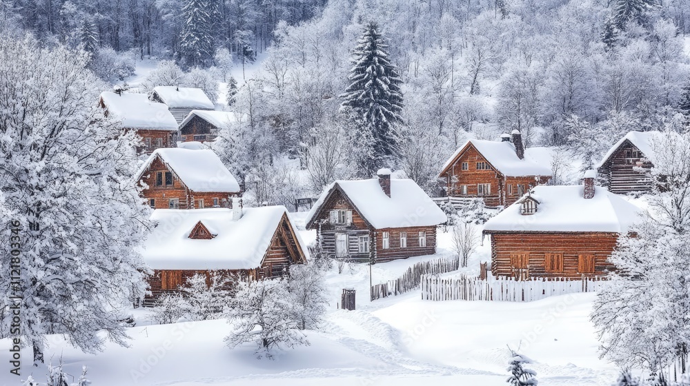 Fototapeta premium Snowy landscape featuring traditional wooden houses in a Russian village surrounded by frosty trees and winter scenery