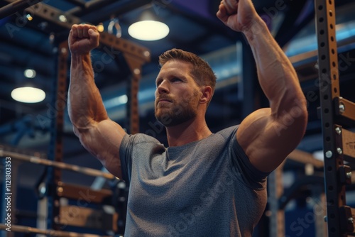 Determined Man Exercising in a Modern Gym, Focused on Strength Training with Resistance Equipment in a Bright and Spacious Fitness Environment photo