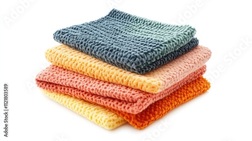 Colorful sponge cloths stacked together for versatile kitchen cleaning on a white background showcasing their textures and vibrant hues.