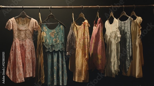 Vintage women's clothing collection on hangers showcasing wardrobe choices and the fashion dilemma of having nothing to wear. photo