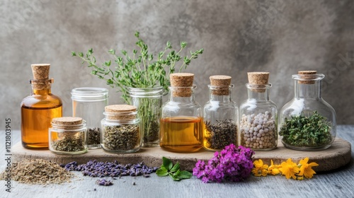 Herbs and oils in glass jars arranged on a wooden board with colorful flowers showcasing natural remedies and organic wellness products photo