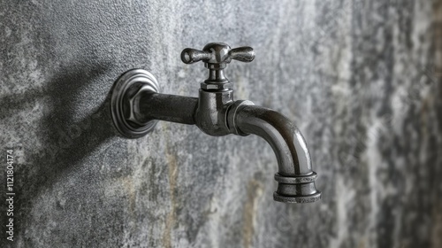 Dramatic close-up of an antique faucet against a textured wall highlighting themes of drought and water scarcity in urban environments photo