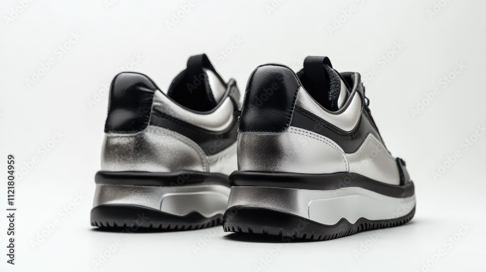 Stylish silver and black leather sneakers for women with black rubber soles isolated on white background showcasing back view fashion design Stylish silver and black leather sneakers for women with black rubber soles isolated on white background showcasing back view fashion design