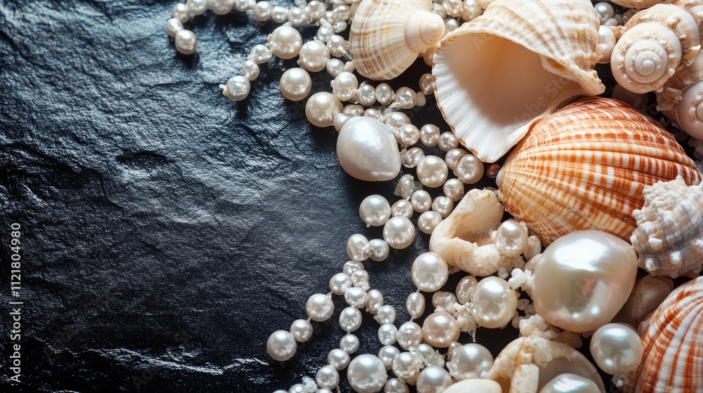 Fototapeta premium Sea shells and pearls arranged on a dark surface with ample space for text or design elements in a stylish composition